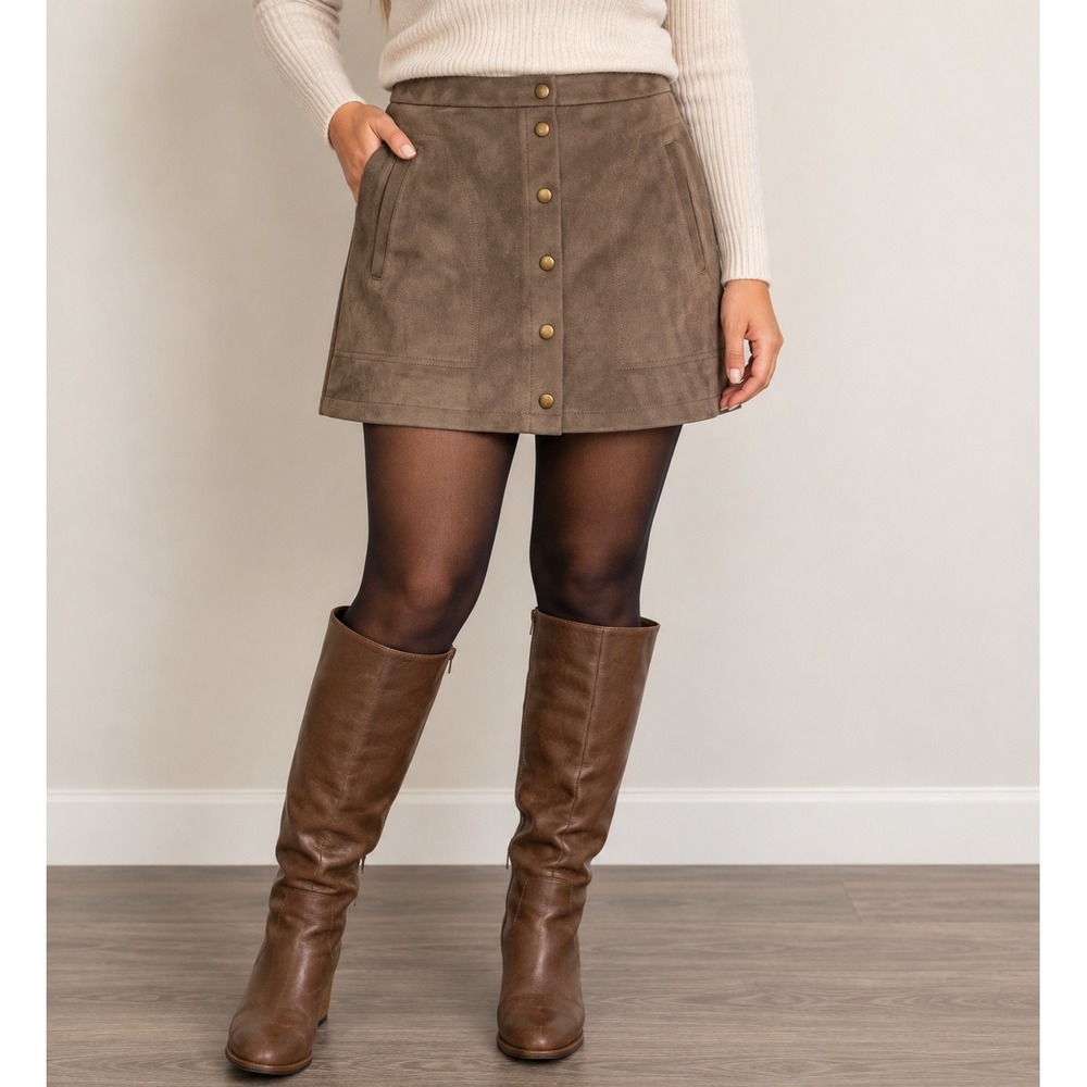 Hyfve Faux Suede Button Front Mini Skirt Brown Olive A-Line Size Large BoHo